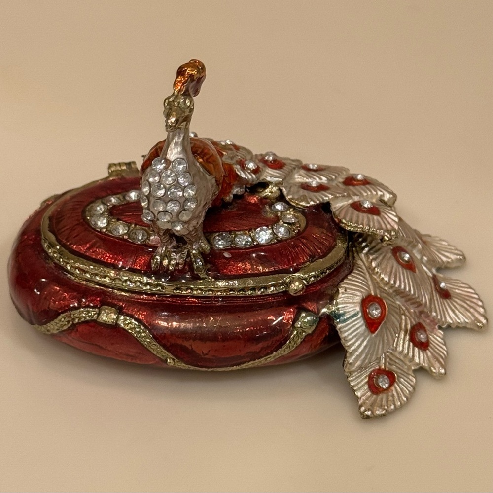 Jeweled Metal and Enamel Peacock Trinket Box With Magnetic Closure - Picture 2 of 11